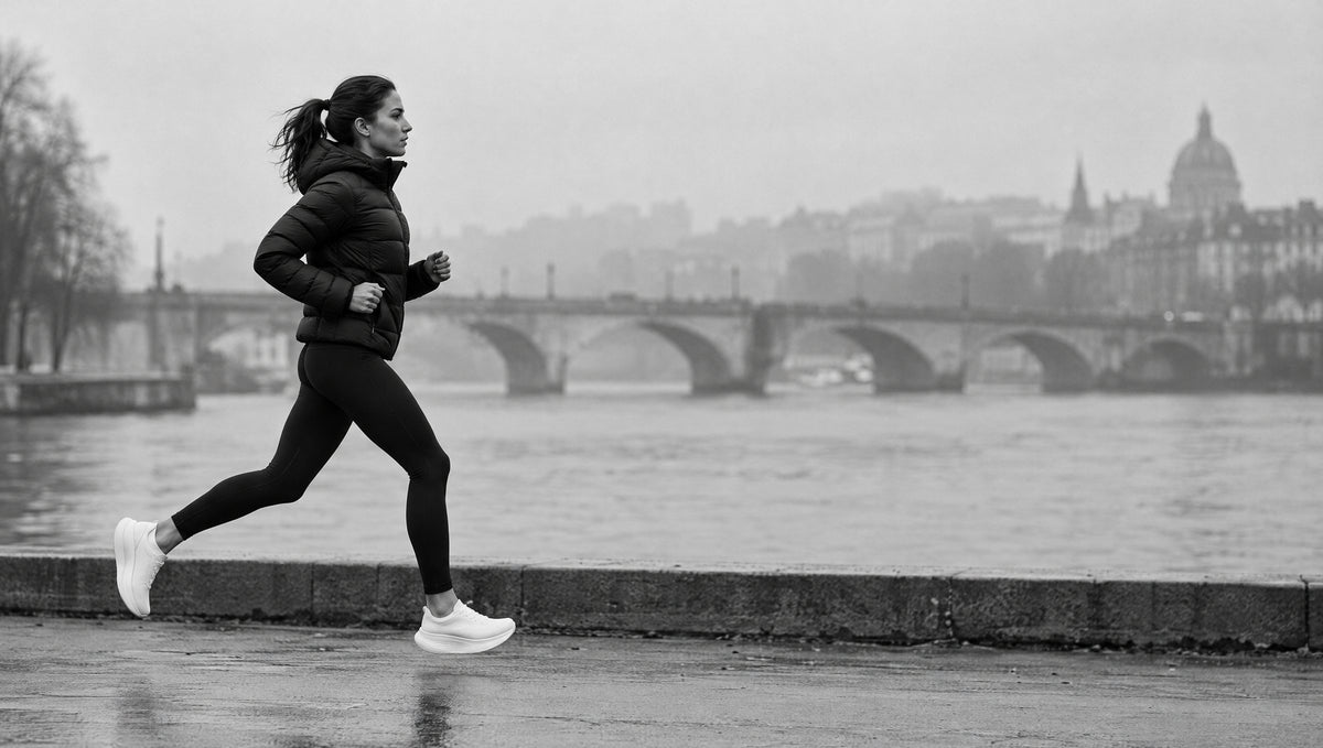 Woman running along a river embankment in white cushioned running shoes