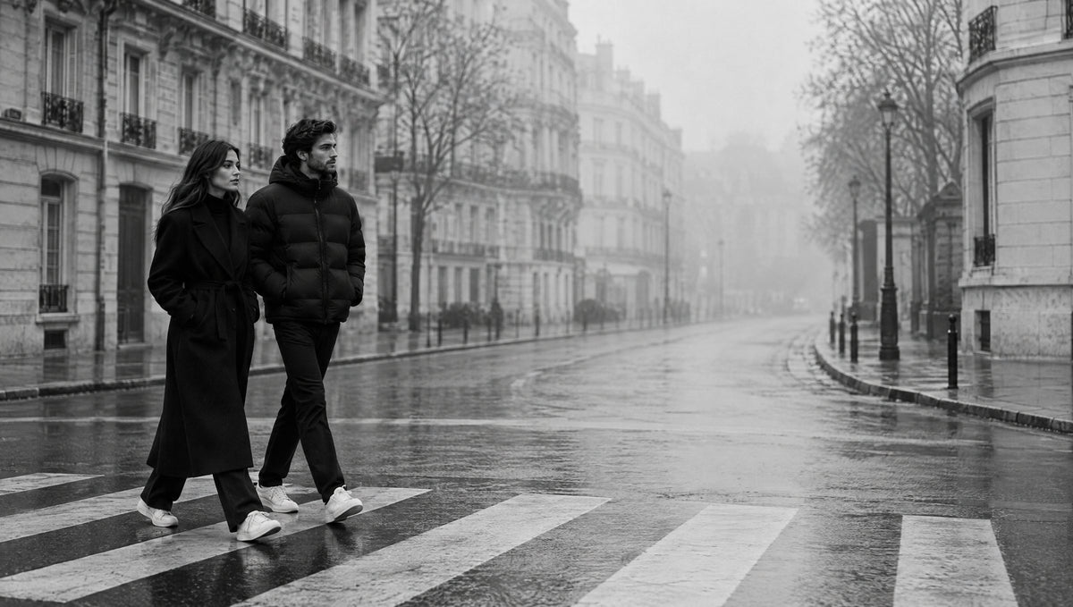 Two people in black winter coats and white sneakers crossing a city street