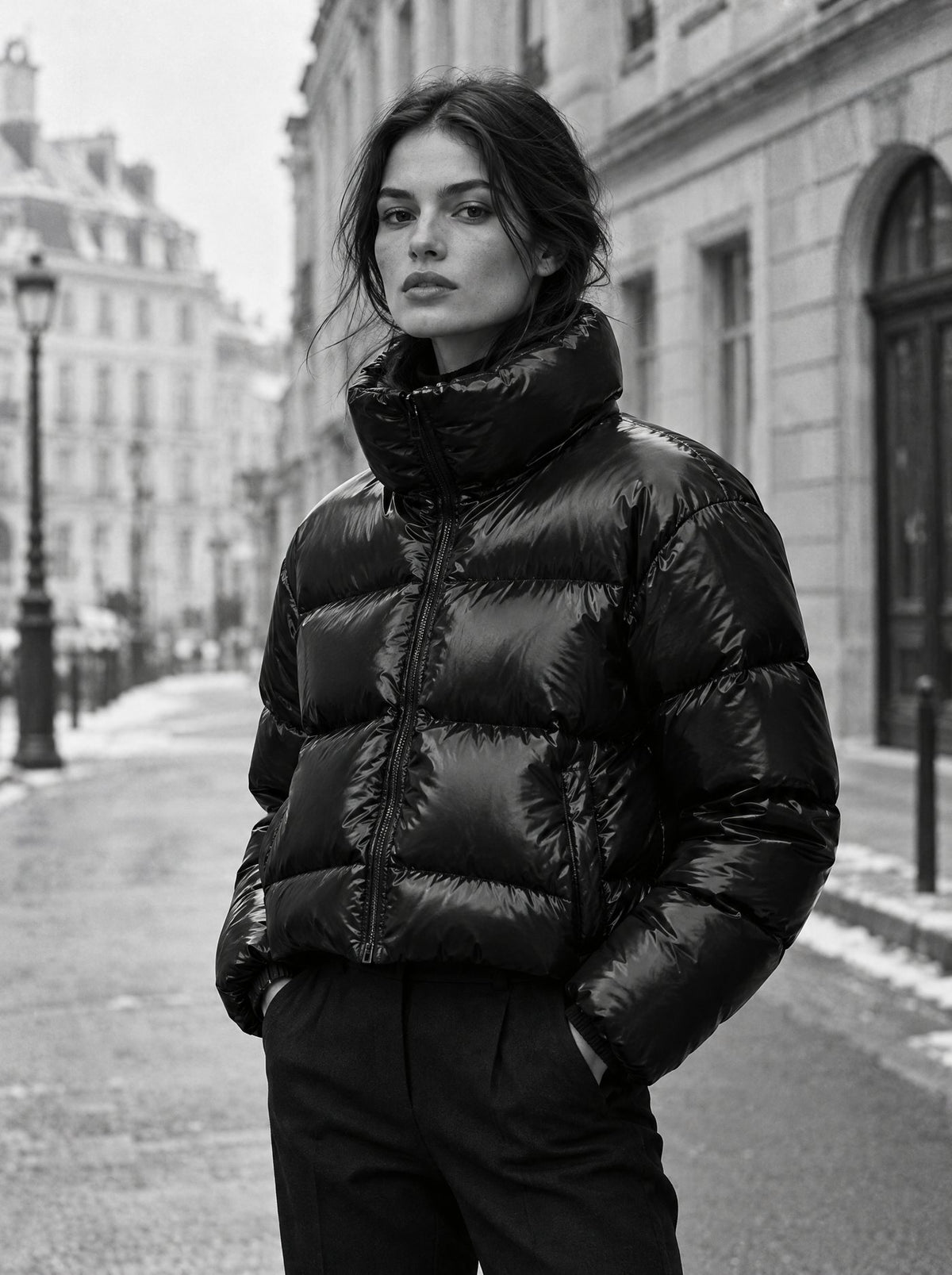 Woman in a black puffer jacket on a city street